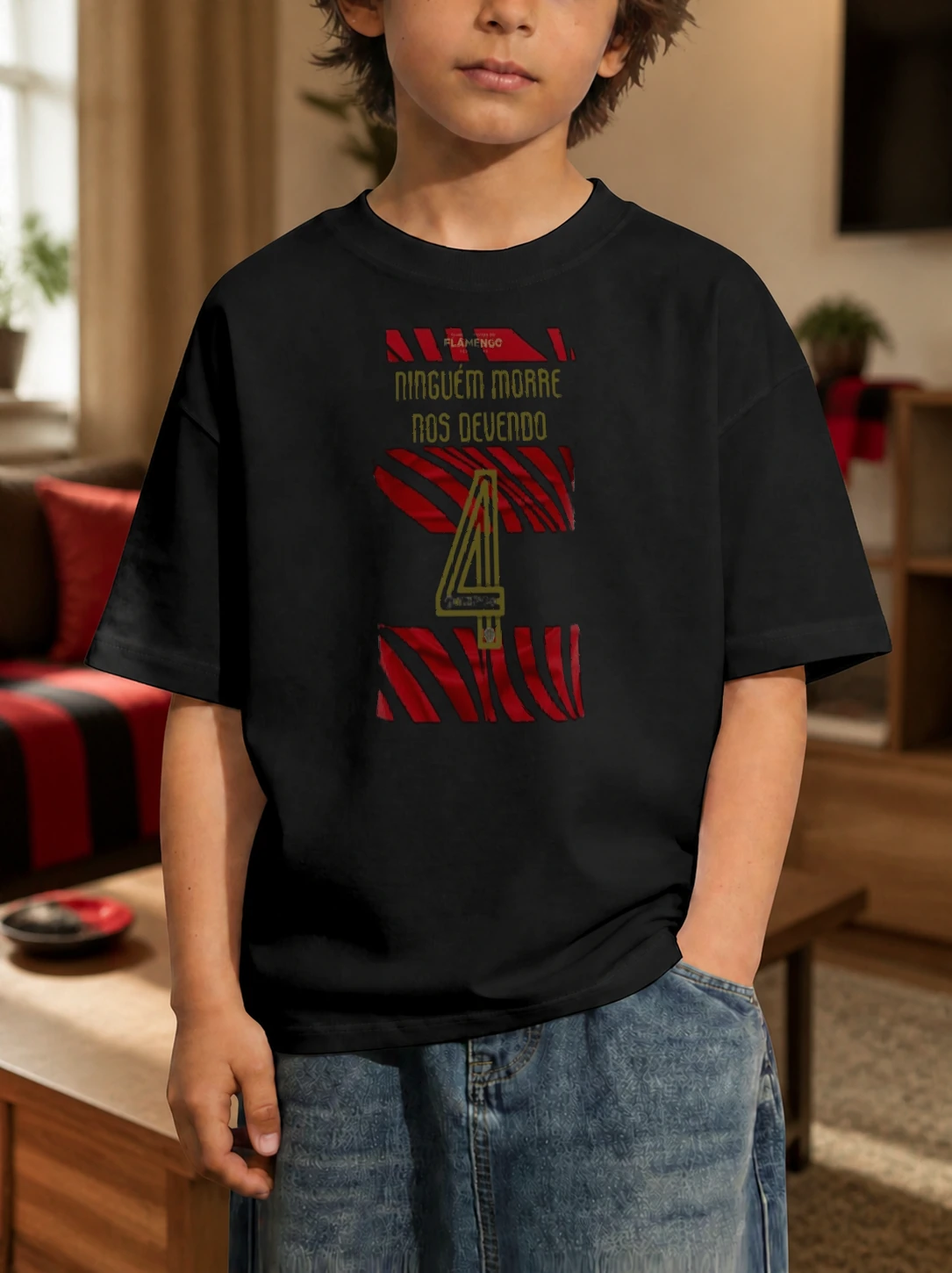 Camiseta infantil Ninguém Morre Nos Devendo em cena de uso no Brasil